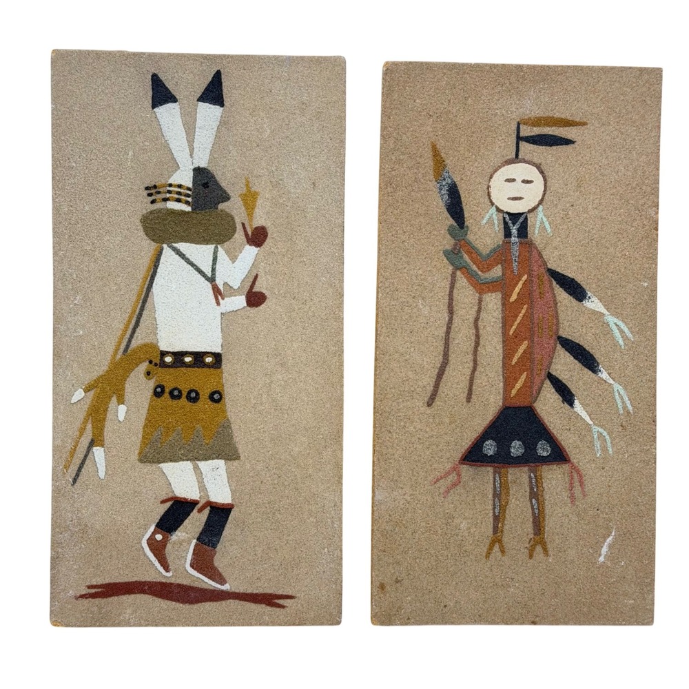 Vtg 12" Native American Sand Art Set of 2 Ceremonial Figures Rabbit Dance Signed